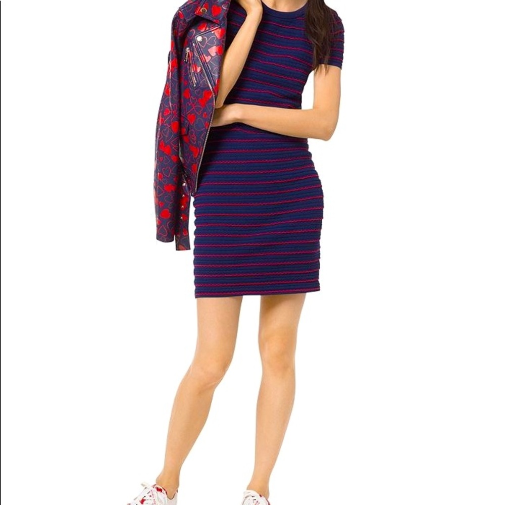 Michael Kors Striped Scalloped Mini Dress In True Navy/scarlet